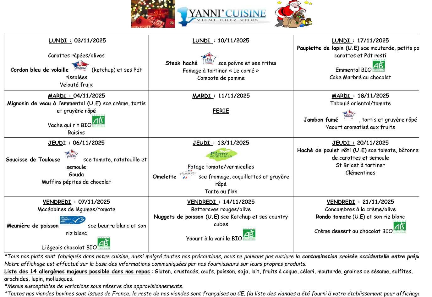 Menu scolaire du 3 au 21 novembre 2025