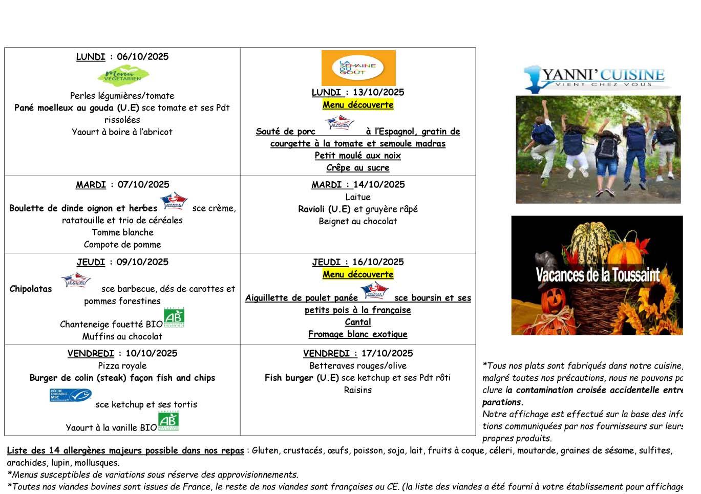 Menus du 6 au 17 octobre 2025