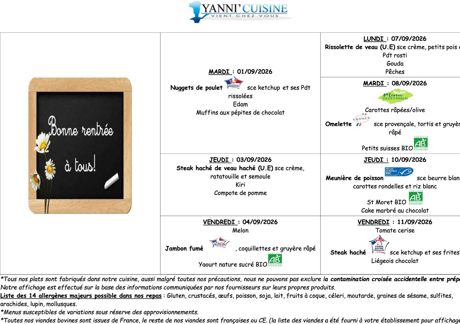 Menus scolaires du 1 au 11 septembre