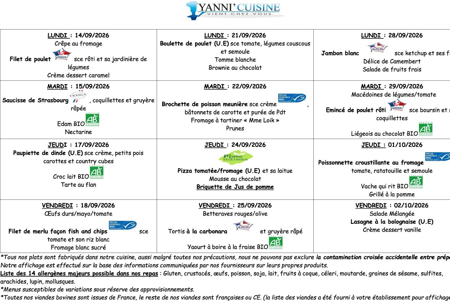 Menus scolaires du 14 septembre au 1er octobre