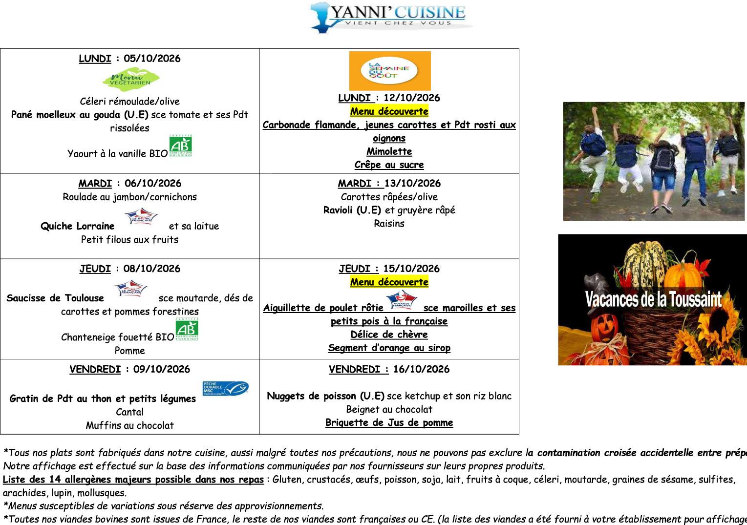 Menus scolaires du 5 au 16 octobre